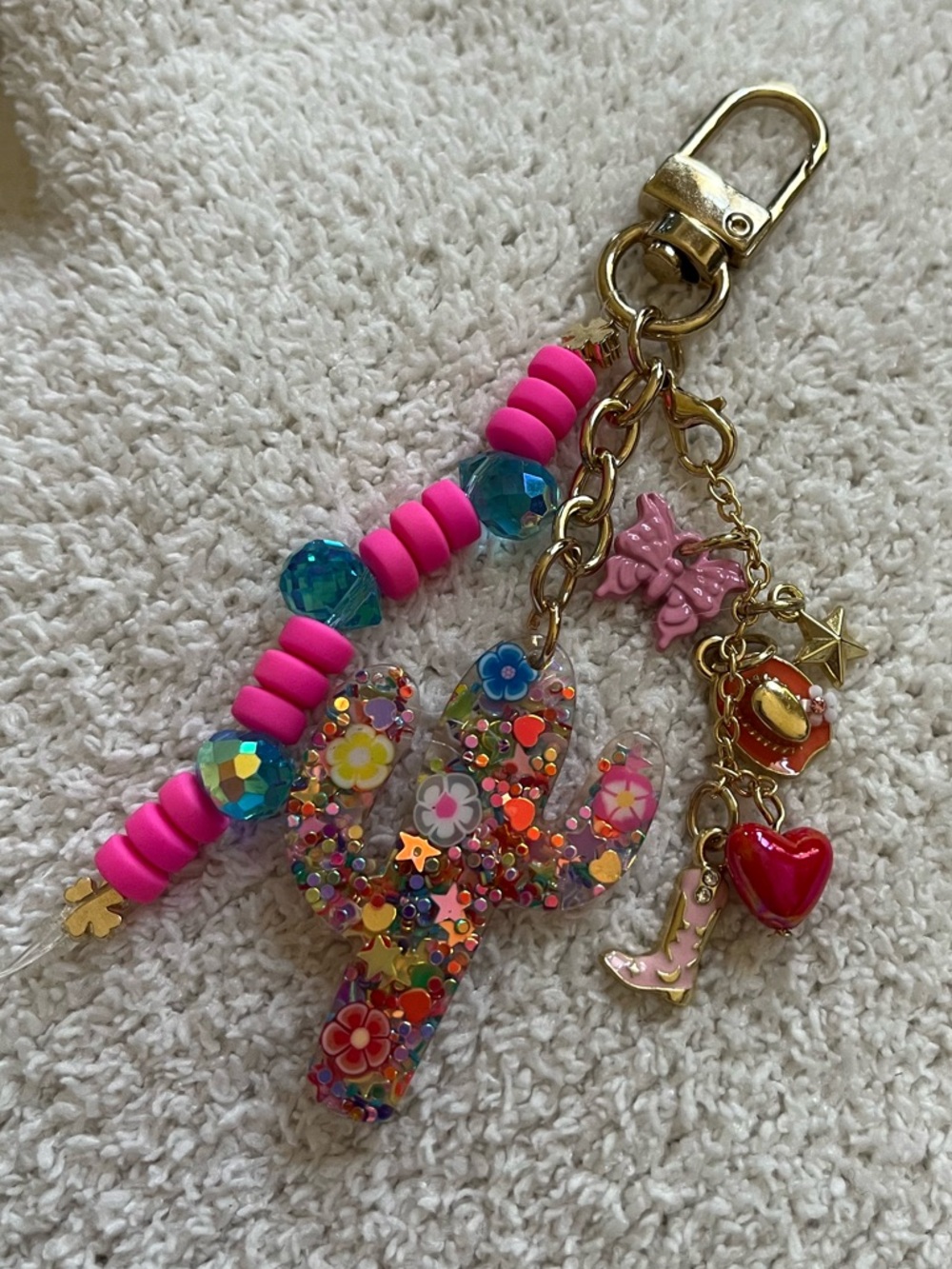 Colorful Cactus Charm Keychain with Pink Beads